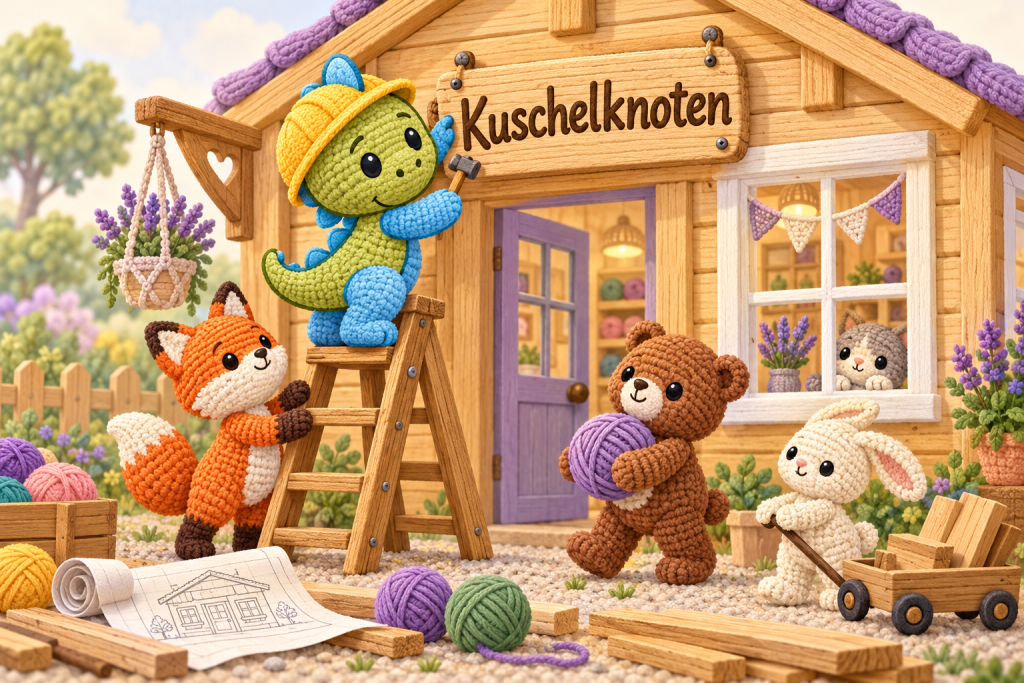 Kuschelknoten im Aufbau – gehäkelte Tiere helfen beim Einrichten des neuen Shops.